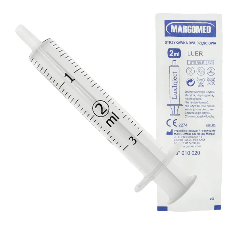Strzykawka 2ml luer dwuczęściowa LuxInject Margomed 100szt 30op