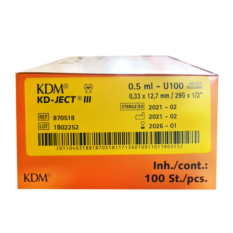 Strzykawka insulinowa z igłą wtopioną 0,5ml U-100 G29 (0,33X12,7) KD-JECT III 100szt
