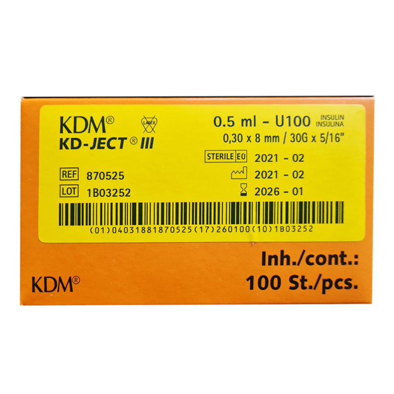 Strzykawka insulinowa z igłą wtopioną 0,5ml U-100 G30 (0,30X8) KD-JECT III 100szt