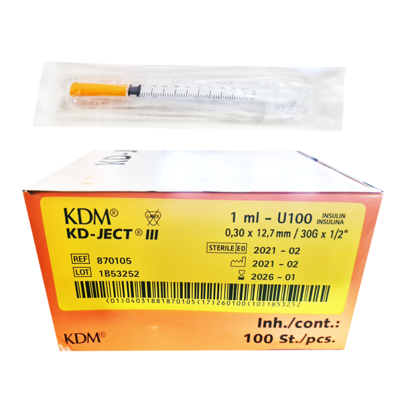 Strzykawka insulinowa z igłą wtopioną 1ml U-100 G30 (0,30X12,7) KD-JECT III 100szt