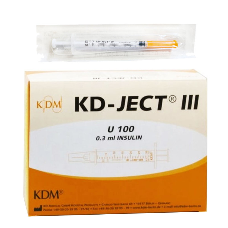 Strzykawka insulinowa z igłą wtopioną 0,3ml U-100 G30 (0,30X8) KD-JECT III 100szt