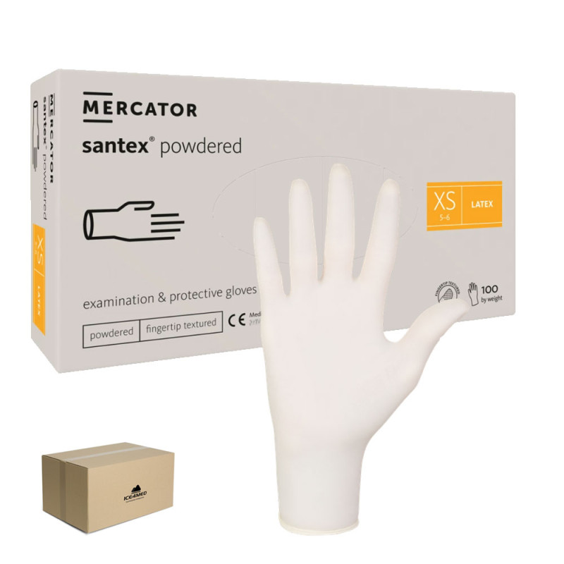 Rękawiczki lateksowe XS pudrowane Santex powdered finger txt 100sztuk karton 10op