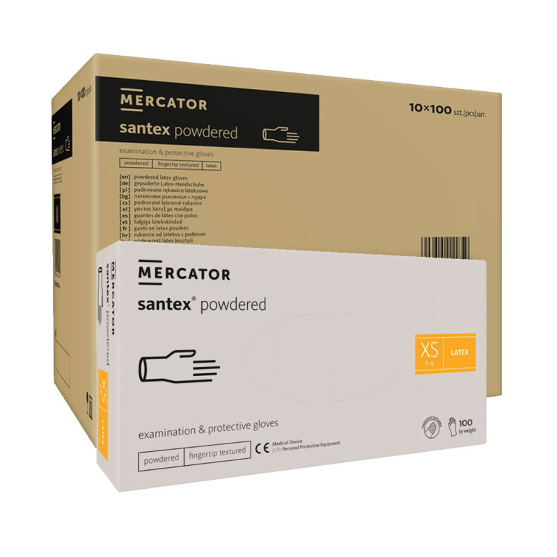 Rękawiczki lateksowe XS pudrowane Santex powdered finger txt 100sztuk karton 10op