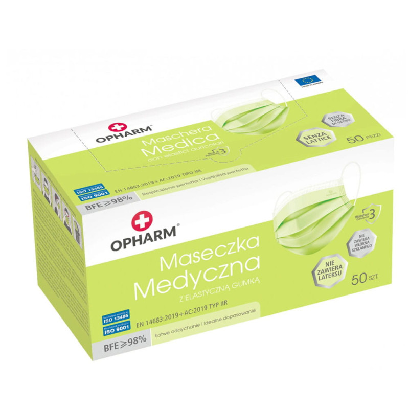 Maseczka chirurgiczna kolor limonkowy na gumkę typ IIR Opharm 50 szt