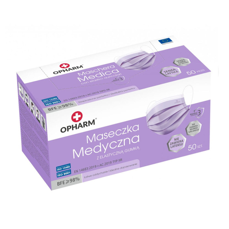 Maseczka chirurgiczna kolor fioletowy na gumkę typ IIR Opharm 50 szt