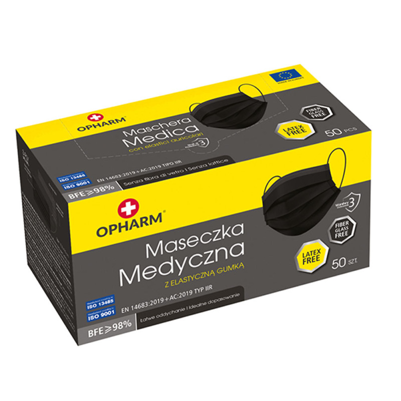 Maseczka chirurgiczna kolor czarny na gumkę typ IIR Opharm 50 szt