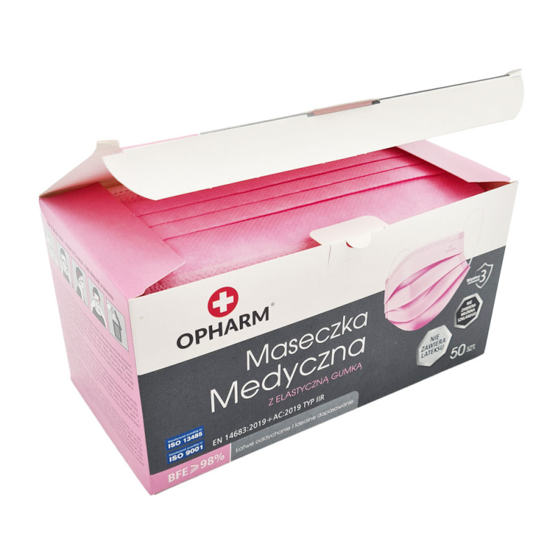 Maseczka chirurgiczna kolor różowy na gumkę typ IIR Opharm 1200 szt