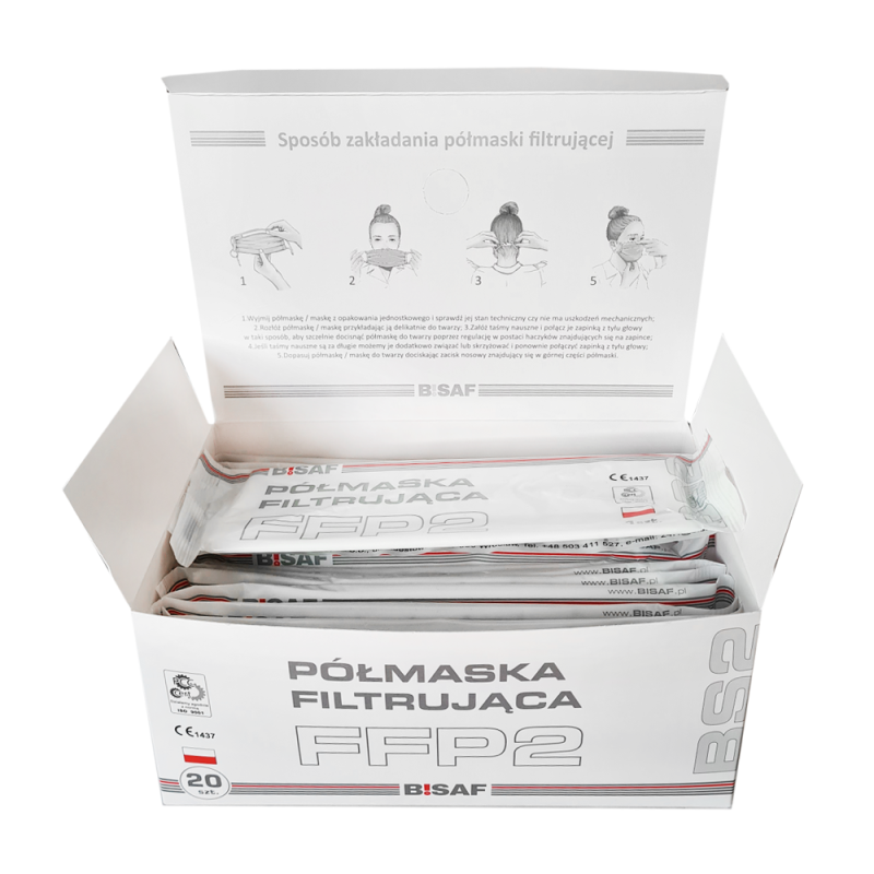Maska z filtrem ffp2 Bisaf na gumkę kolor biały 20 szt
