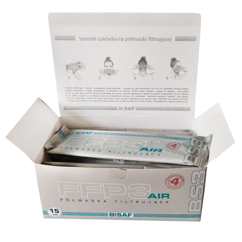 Maska z filtrem ffp3 AIR Bisaf na gumkę kolor biały 15 szt