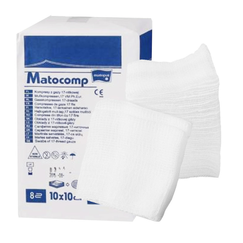 Kompres niejałowy 10x10 z gazy 8 warstw 17 nitek Matocomp 100szt kartonik