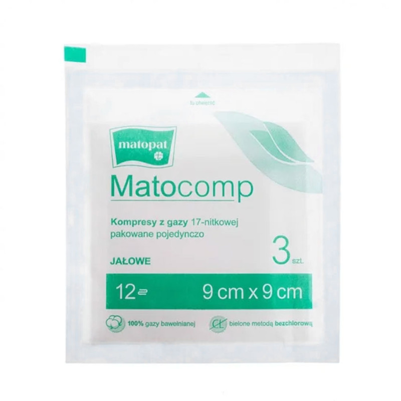 Kompres jałowy 5x5 z gazy 8 warstw 17 nitek Matocomp 3szt peel-pack (każdy kompres pakowany indywidualnie)