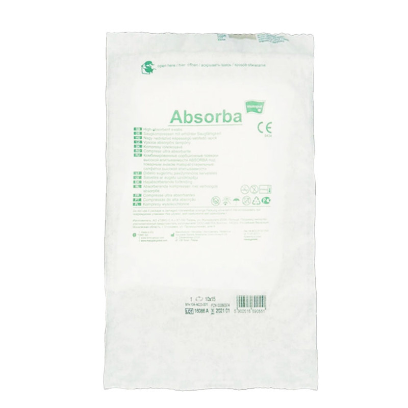 Kompres wysokochłonny Absorba jałowy 10x15 włóknina + pulpa celulozowa 20szt blister + TAG