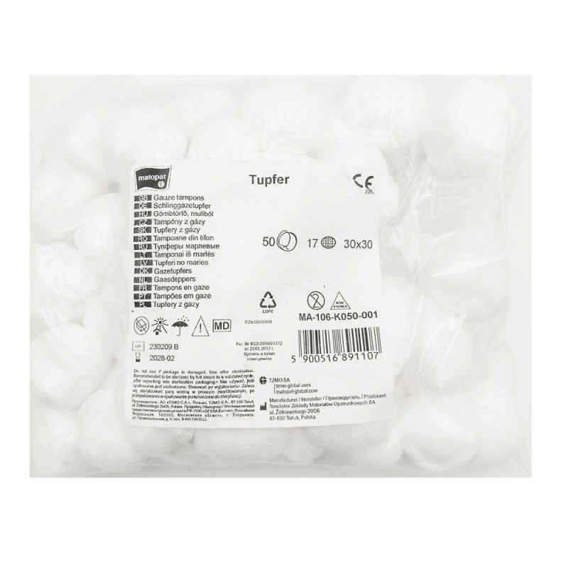 Tupfer jałowy z gazy 30cm x 30cm kula 17 nitek 50szt worek polietylenowy