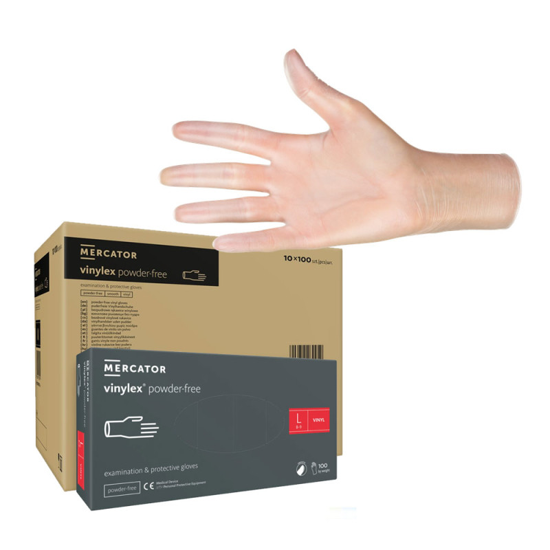 Rękawiczki winylowe L bezpudrowe Mercator Vinylex transparentne 100szt karton 10op