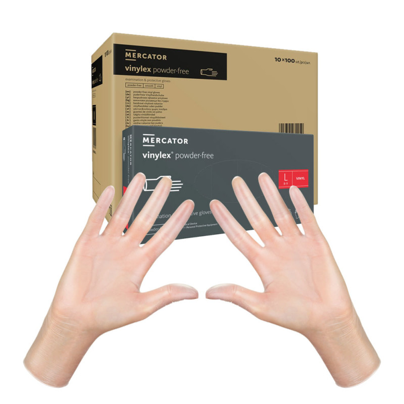 Rękawiczki winylowe L bezpudrowe Mercator Vinylex transparentne 100szt karton 10op