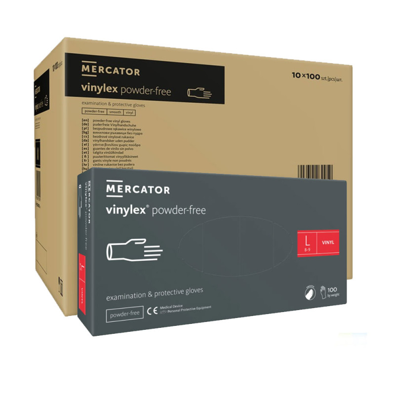 Rękawiczki winylowe L bezpudrowe Mercator Vinylex transparentne 100szt karton 10op