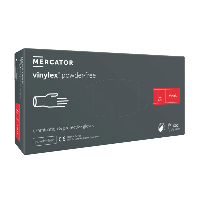 Rękawiczki winylowe L bezpudrowe Mercator Vinylex transparentne 100szt karton 10op