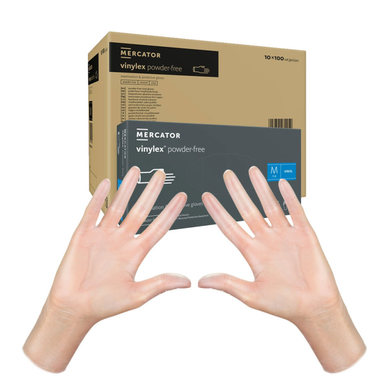 Rękawiczki winylowe M bezpudrowe Mercator Vinylex transparentne 100szt karton 10op