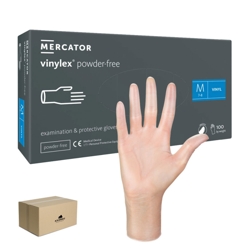 Rękawiczki winylowe M bezpudrowe Mercator Vinylex transparentne 100szt karton 10op