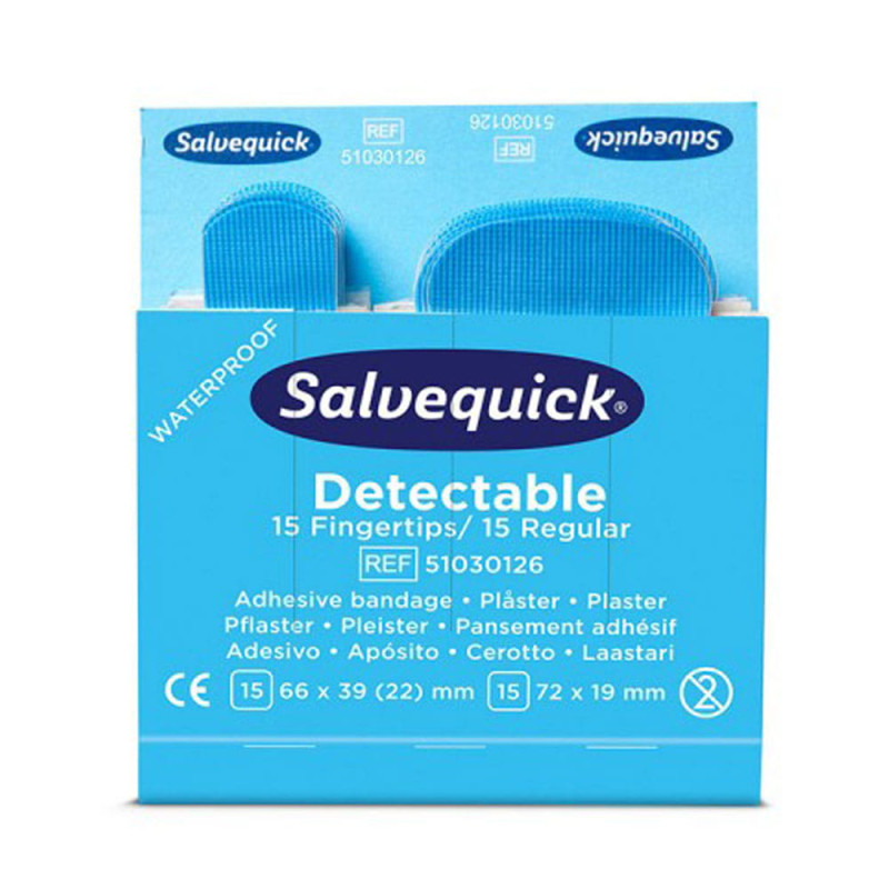 Niebieskie plastry wykrywalne na opuszki palców Cederroth Salvequick 30 szt.