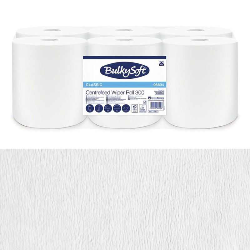 Ręcznik papierowy bezpyłowy 300m długi bez kleju bez smug biały 1 warstwa w roli biały Bulkysoft Classic 6 rolek