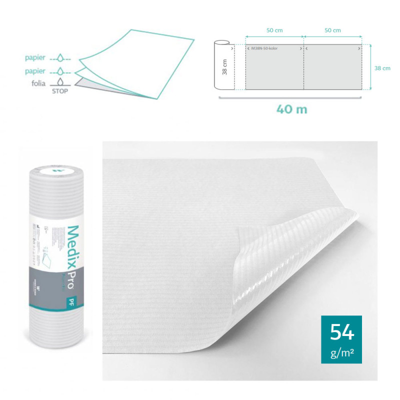 Podkład higieniczny na rolce 38cm x 50cm biały podfoliowany 54g MedixPro 80szt