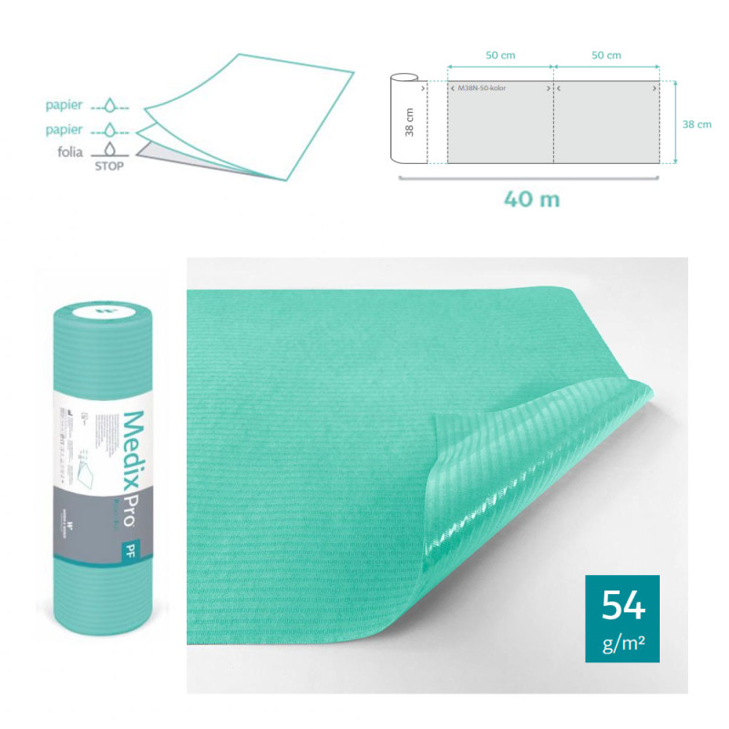 Podkład higieniczny na rolce 38cm x 50cm zielony podfoliowany 54g MedixPro 80szt