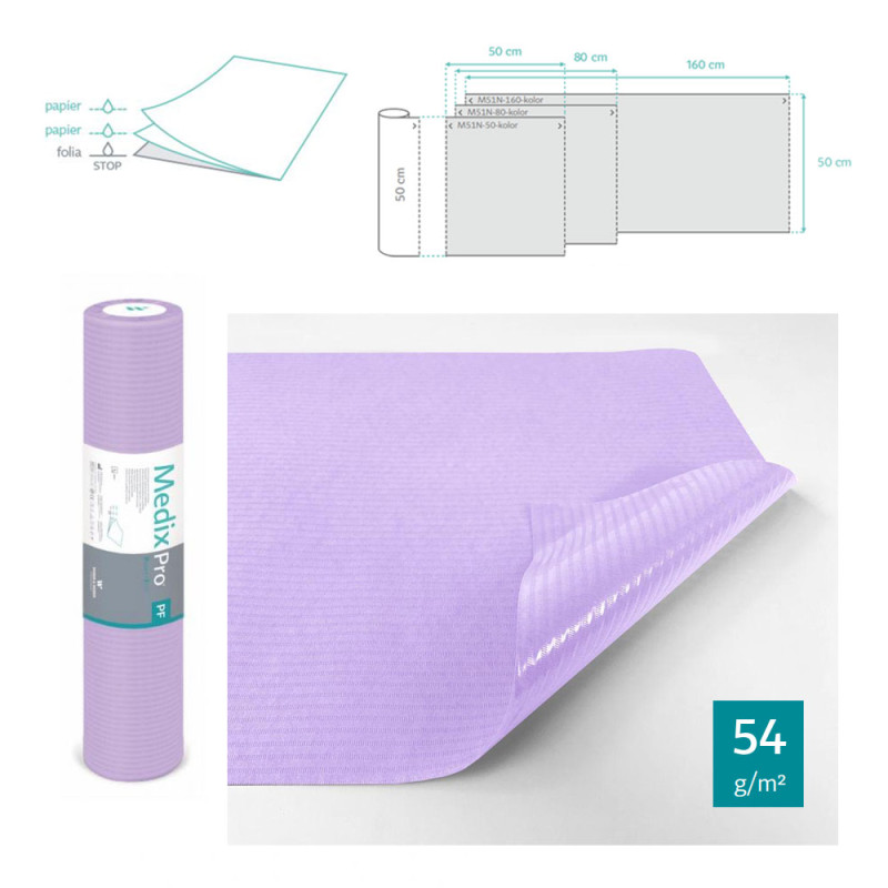 Podkład higieniczny na rolce 50cm x 50cm fioletowy podfoliowany 54g MedixPro 80szt