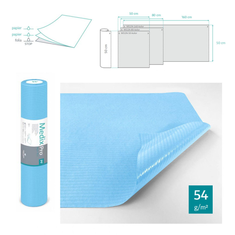 Podkład higieniczny na rolce 50cm x 50cm niebieski podfoliowany 54g MedixPro 80szt