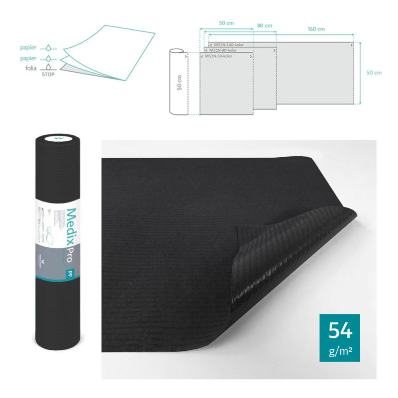 Podkład higieniczny na rolce 50cm x 50cm czarny podfoliowany 54g MedixPro 80szt