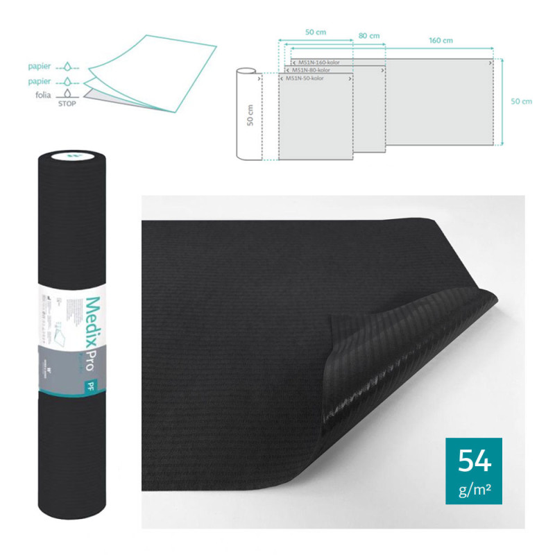 Podkład higieniczny na rolce 60cm x 50cm czarny podfoliowany 54g MedixPro 80szt
