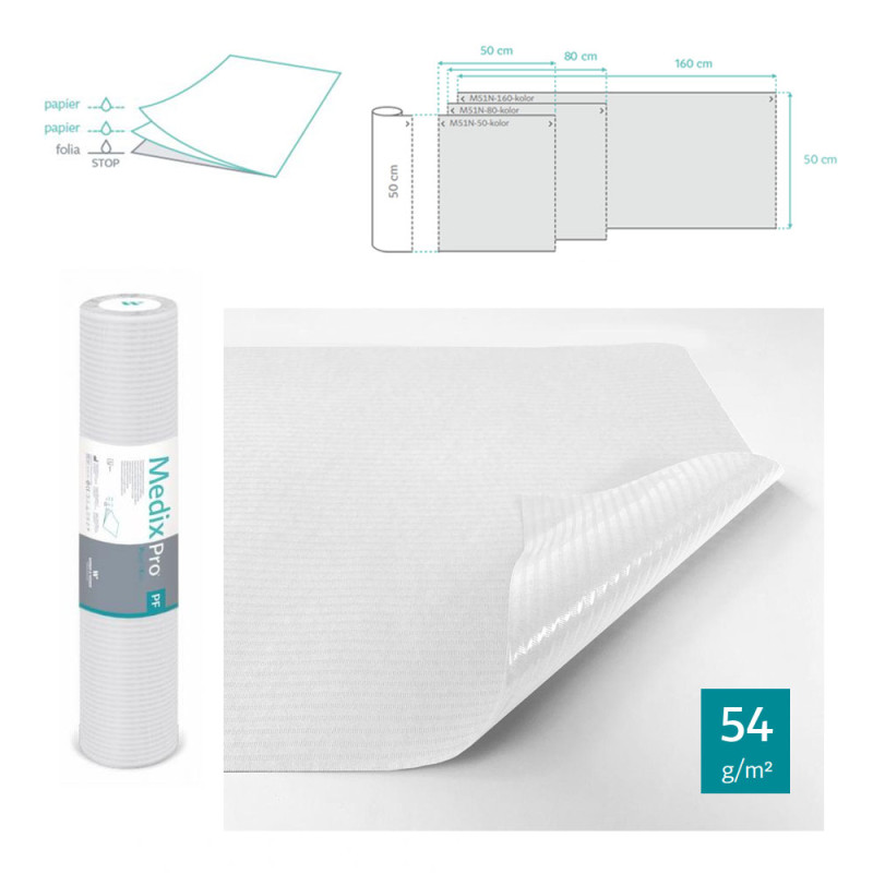 Podkład higieniczny na rolce 50cm x 50cm biały podfoliowany 54g MedixPro 480szt