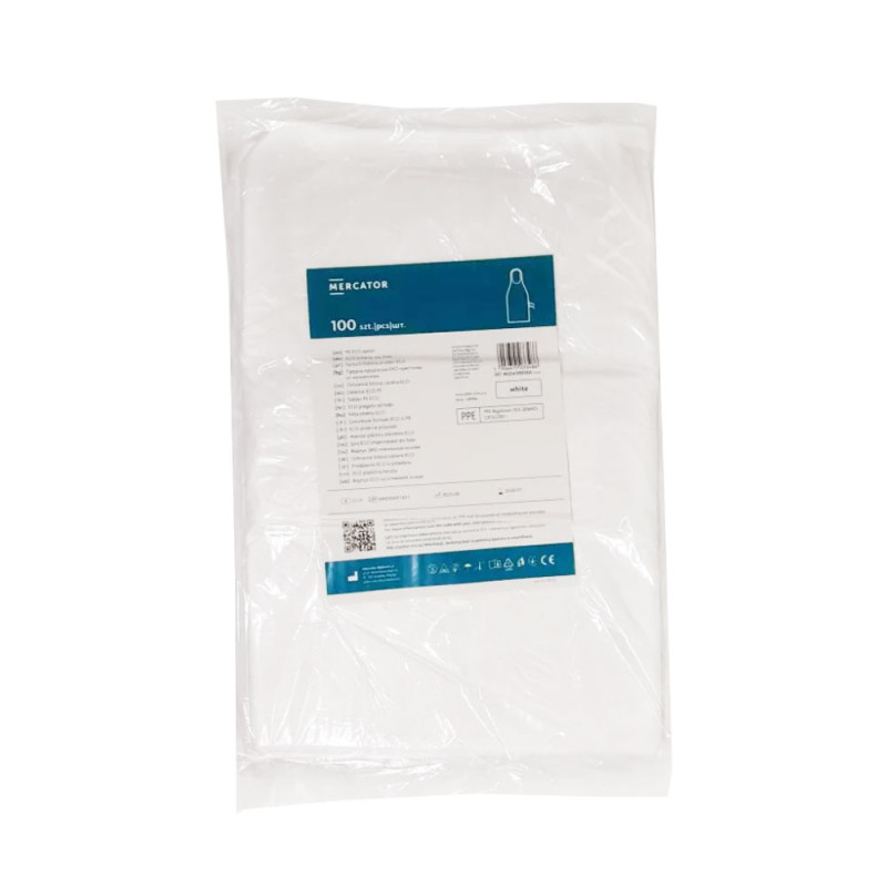 Fartuch foliowy wodoodporny biały 130cm x 80cm wiązany na troki (folia LDPE) 100szt x 10op