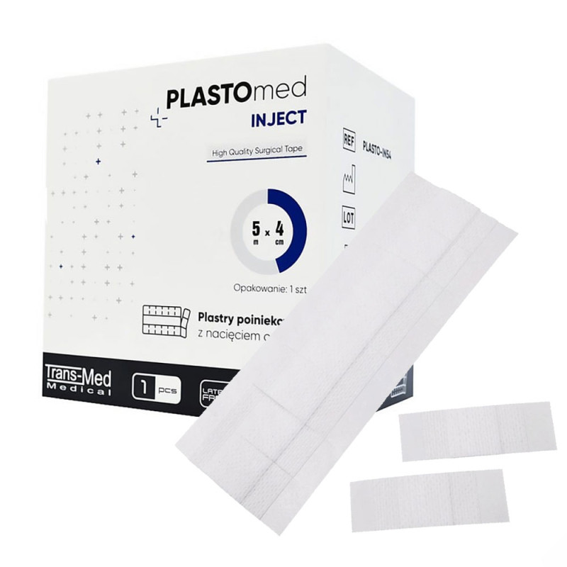 Plastry poiniekcyjne włókninowe z opatrunkiem 4cm x 5m z nacięciem co 2 cm Plastomed Inject w250szt