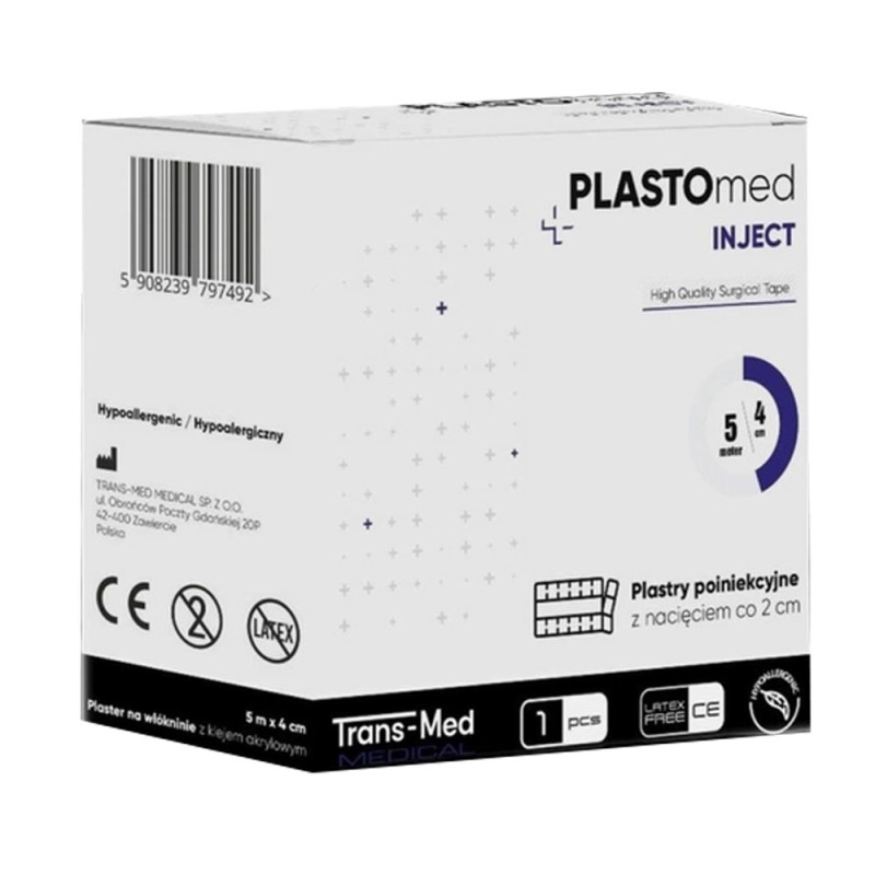 Plastry poiniekcyjne włókninowe z opatrunkiem 4cm x 5m z nacięciem co 2 cm Plastomed Inject 250szt