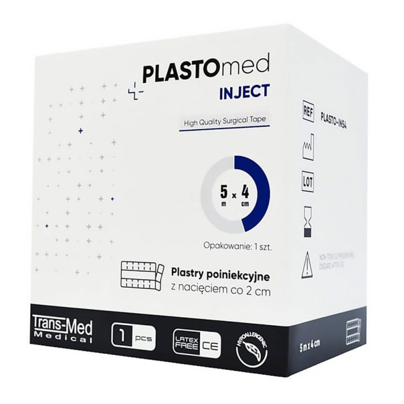 Plastry poiniekcyjne włókninowe z opatrunkiem 4cm x 5m z nacięciem co 2 cm Plastomed Inject 250szt