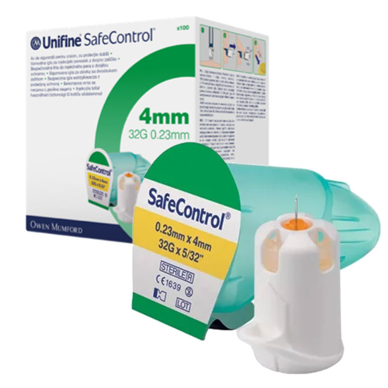 Igły do insuliny 32G 4mm x 0,23mm Unifine SafeControl aktywne bezpieczne igły insulinowe 100szt