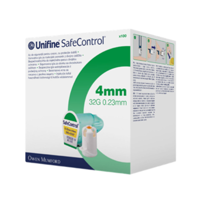 Igły do insuliny 32G 4mm x 0,23mm Unifine SafeControl aktywne bezpieczne igły insulinowe 100szt