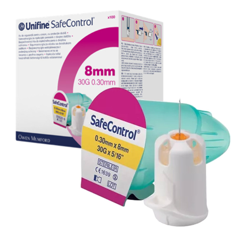 Igły do insuliny 30G 8mm x 0,30mm Unifine SafeControl aktywne bezpieczne igły insulinowe 100szt