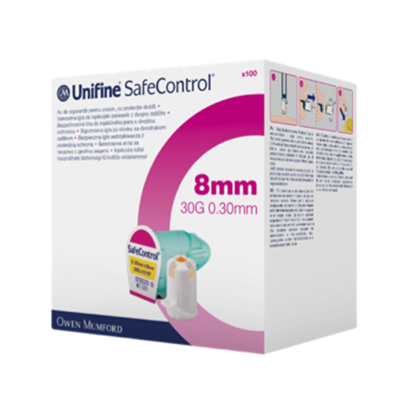 Igły do insuliny 30G 8mm x 0,30mm Unifine SafeControl aktywne bezpieczne igły insulinowe 100szt