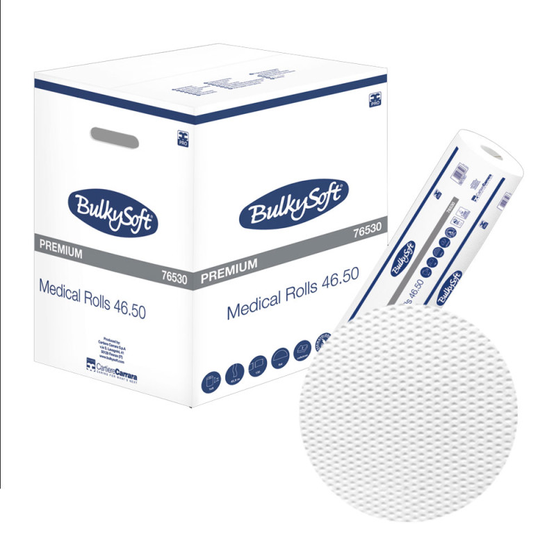 Podkład medyczny na rolce 50cm x 46m biały 17g BulkySoft Premium 9 rolek (1215odcinków 50cm x 34cm)