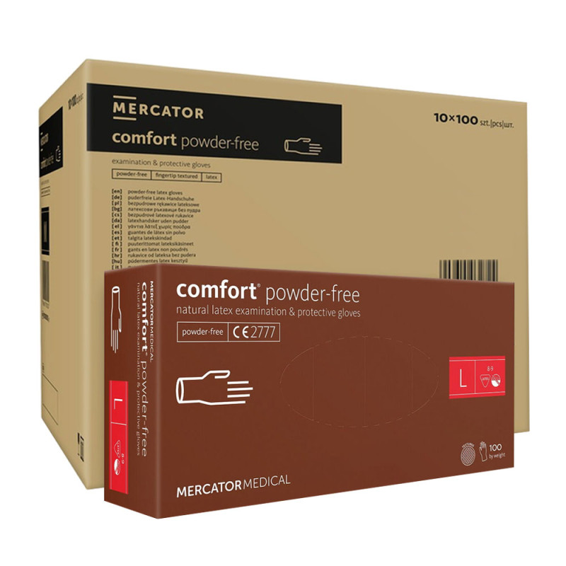 Rękawiczki lateksowe L Mercator Latex Comfort powder-free bezpudrowe 100szt karton 10op