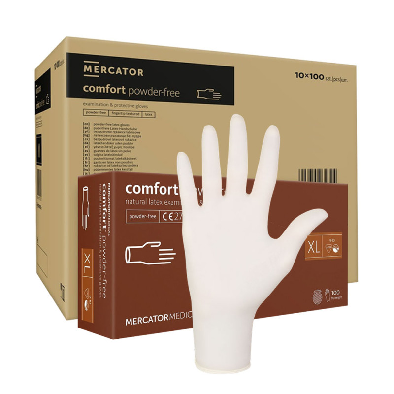 Rękawiczki lateksowe XL Mercator Latex Comfort powder-free bezpudrowe 100szt karton 10op