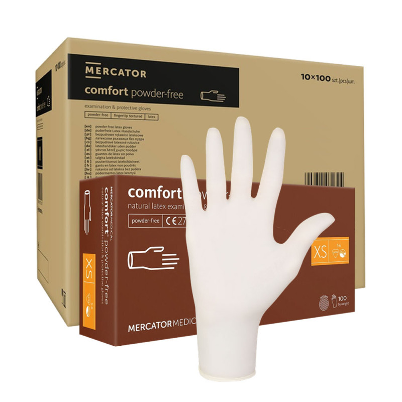 Rękawiczki lateksowe XS Mercator Latex Comfort powder-free bezpudrowe 100szt karton 10op