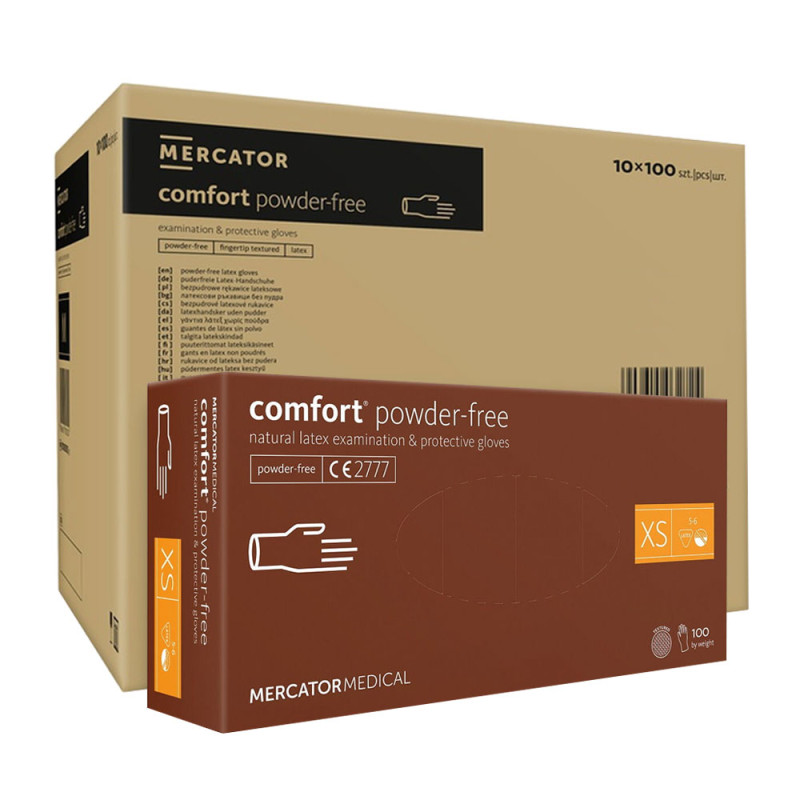 Rękawiczki lateksowe XS Mercator Latex Comfort powder-free bezpudrowe 100szt karton 10op
