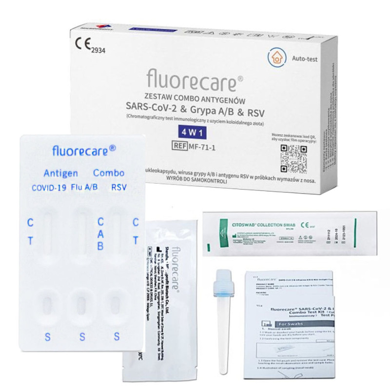 Fluorecare test combo 4w1 wymazowy test na RSV grypa A grypa B sars-cov do samokontroli 100szt