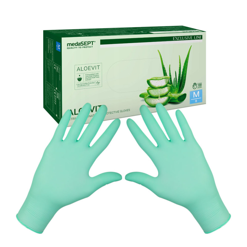 Rękawiczki nitrylowe M zielone z aloesem Aloevit medaSEPT 100sztuk