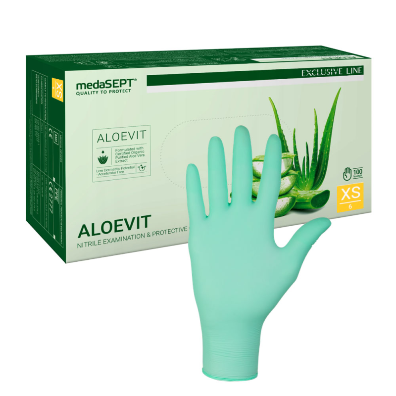 Rękawiczki nitrylowe XS zielone z aloesem Aloevit medaSEPT 100sztuk karton 10op