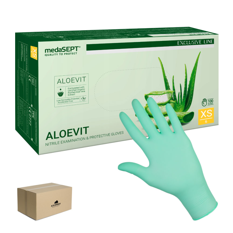 Rękawiczki nitrylowe XS zielone z aloesem Aloevit medaSEPT 100sztuk karton 10op