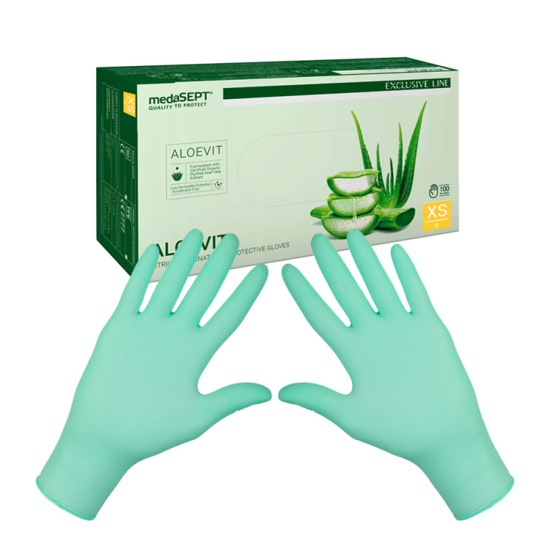 Rękawiczki nitrylowe XS zielone z aloesem Aloevit medaSEPT 100sztuk